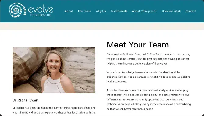 The Evolve Chiropractic team page, featuring Dr Rachel Swan