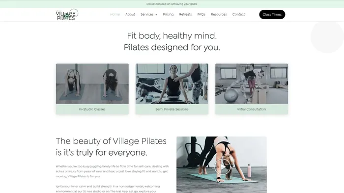 Village Pilates website before the rebuild